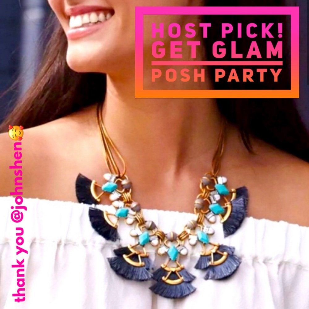 Stella & Dot | Vintage Gold, Turquoise + Black Lotus Tassel Statement Ne⦠- Picture 1 of 10